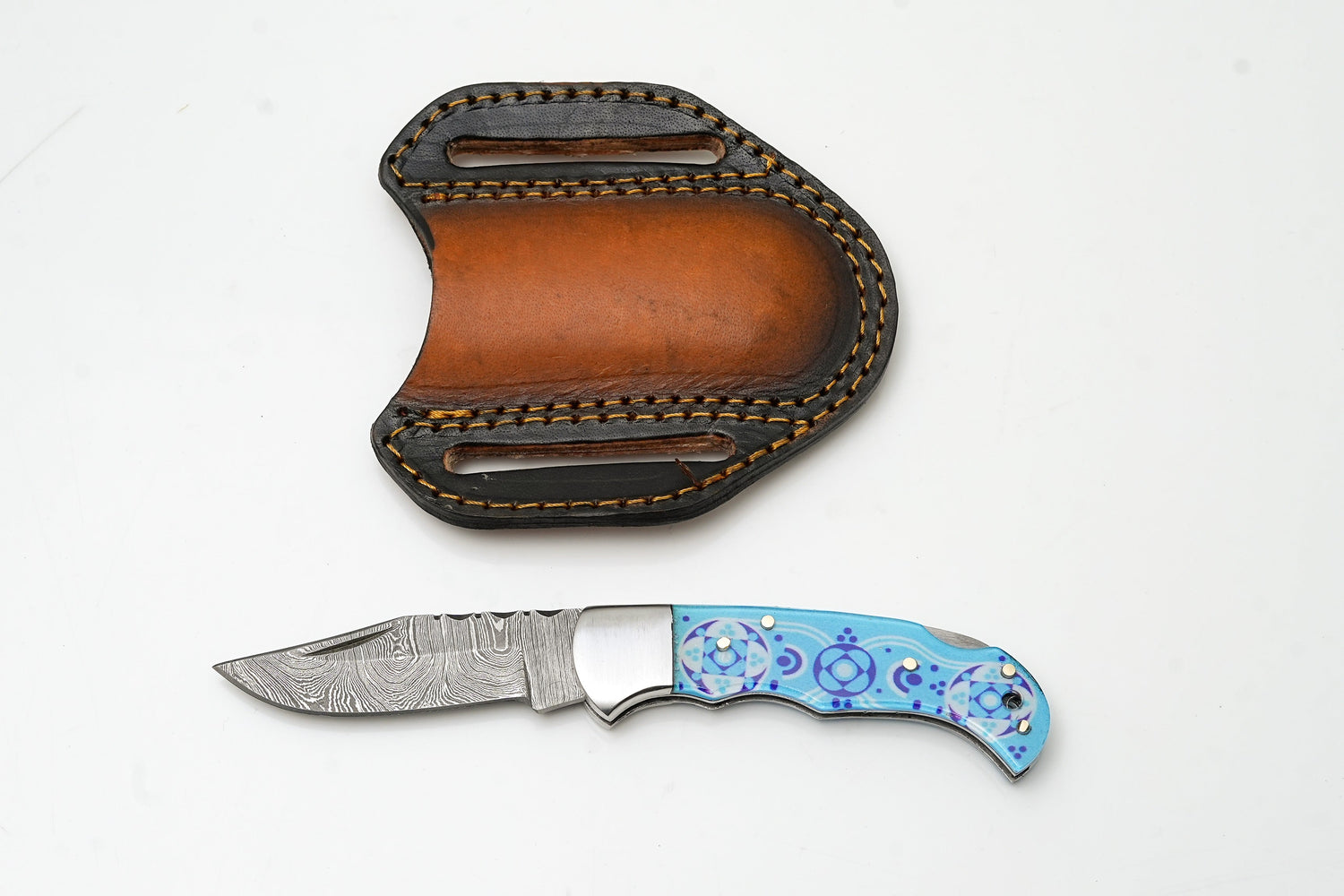 Hand-Forged Damascus Folding Knife | Custom "Blue Mosaic" Art Handle | Horizontal Pancake Sheath TK-479