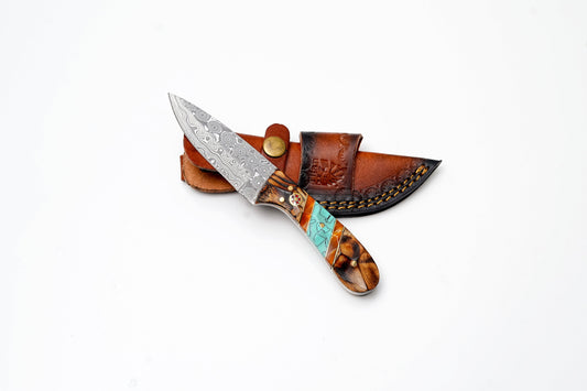 Damascus Steel Drop Point Hunter | Zebrawood, Turquoise & Amber Resin Handle TK-496