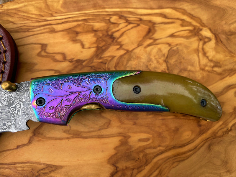 Damasucs Pocket Knife exquisite engraved bolster by Titan TF-015