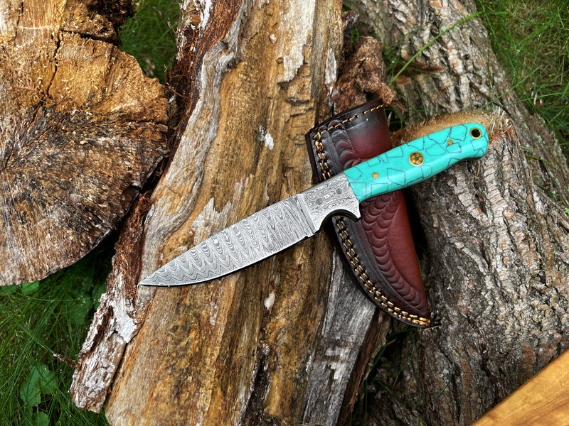 CUSTOM HANDMADE FORGED DAMASCUS STEEL HUNTING KNIFE BLADE WITH Acrylic SCALES TK-016