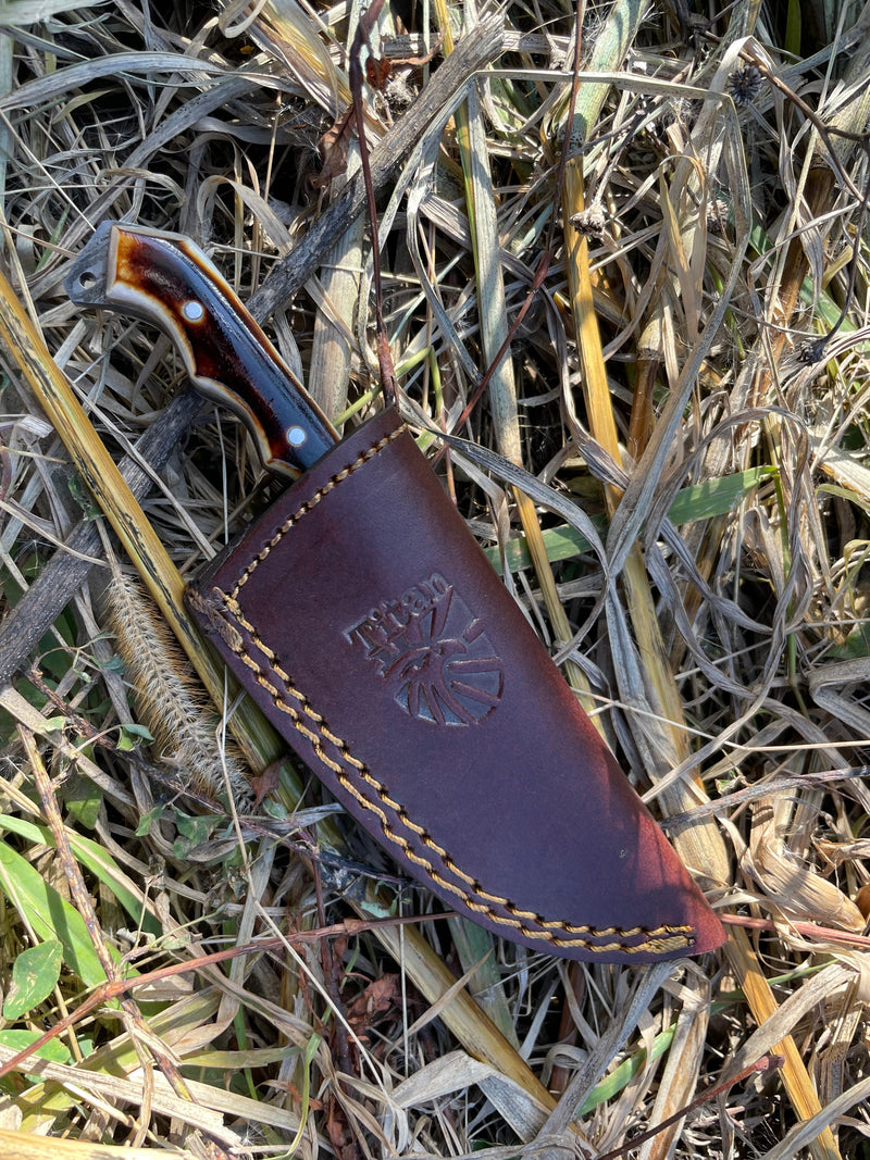 Handmade High Carbon Damascus Steel Hunting Knife/leather sheath, Serrated Back Mini TK-036