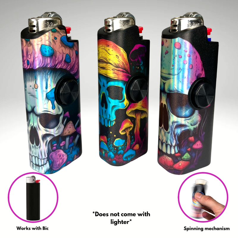 FLKR LYTR Mushroom Skull 3pcs Fidget Spinner Case for Bic Lighters- High-Quality Body for Bic Lighter and Spinning Mechanism