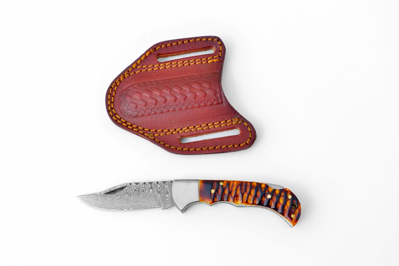Stag Horn Style Damascus Folding Knife with Leather Sheath - TK-410