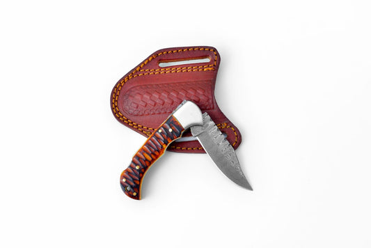 Stag Horn Style Damascus Folding Knife with Leather Sheath - TK-410