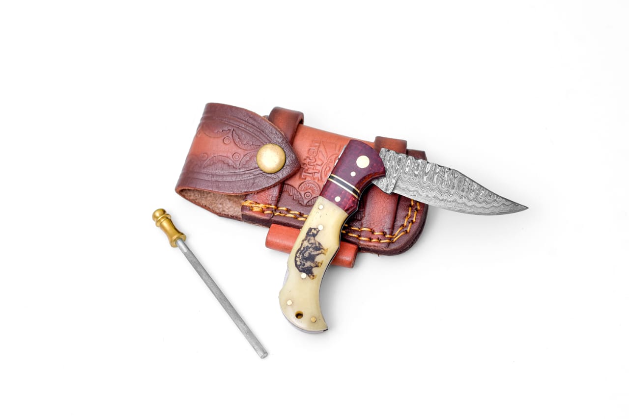 Bear Engraved Damascus Folding Knife with Leather Sheath - TK-412