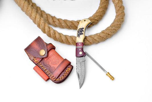 Bear Engraved Damascus Folding Knife with Leather Sheath - TK-412