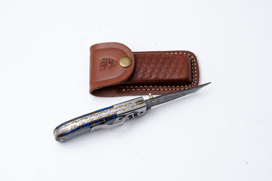 Hand-Engraved Folding Knife with Leather Sheath – Damascus-Inspired Detailing - TK-416