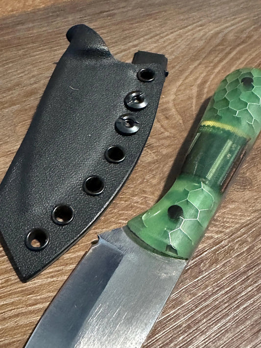 Handmade 7” 1095 Carbon Steel Knife with Computer Chip Handle Custom Engraved Fixed Blade Black Kydex Sheath Texas Made