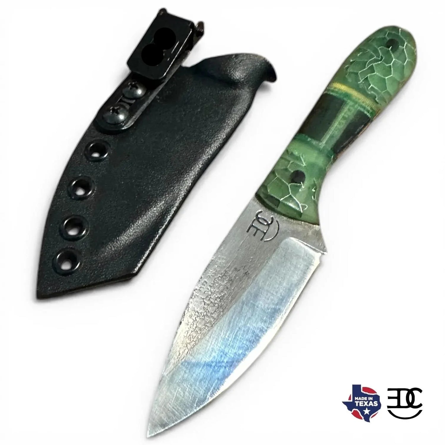 Handmade 7” 1095 Carbon Steel Knife with Computer Chip Handle Custom Engraved Fixed Blade Black Kydex Sheath Texas Made